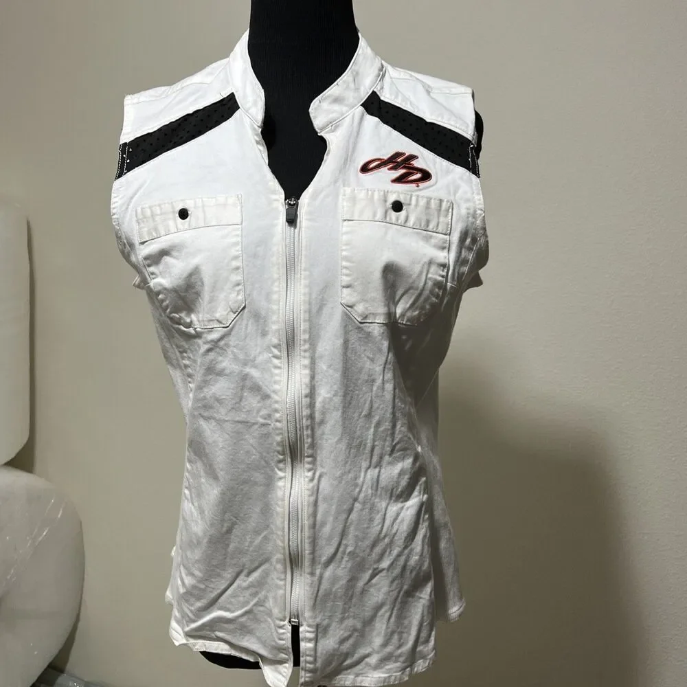 Harley Davidson Vest White Sleeveless Motorcycle Biker Y2K Embroidered Womens L - Picture 8 of 9
